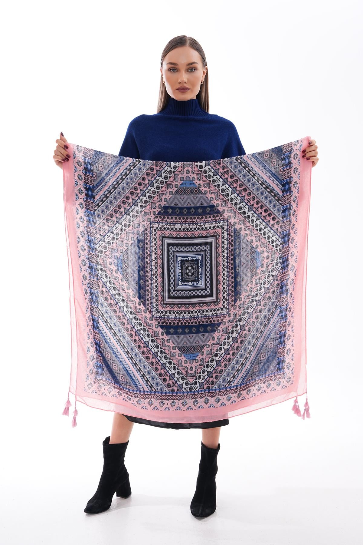 Patterned Fringed Pink Scarf with Tribal Print - Nesvay - by Peralane