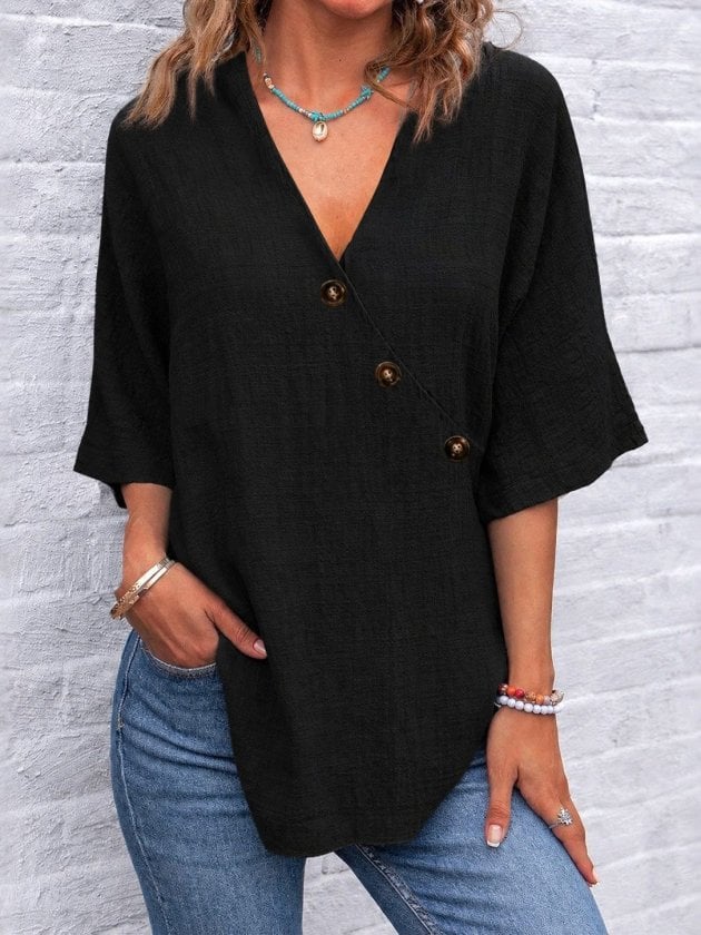 Women's Black Short Sleeve V-Neck Button Blouse - Janes - by Peralane