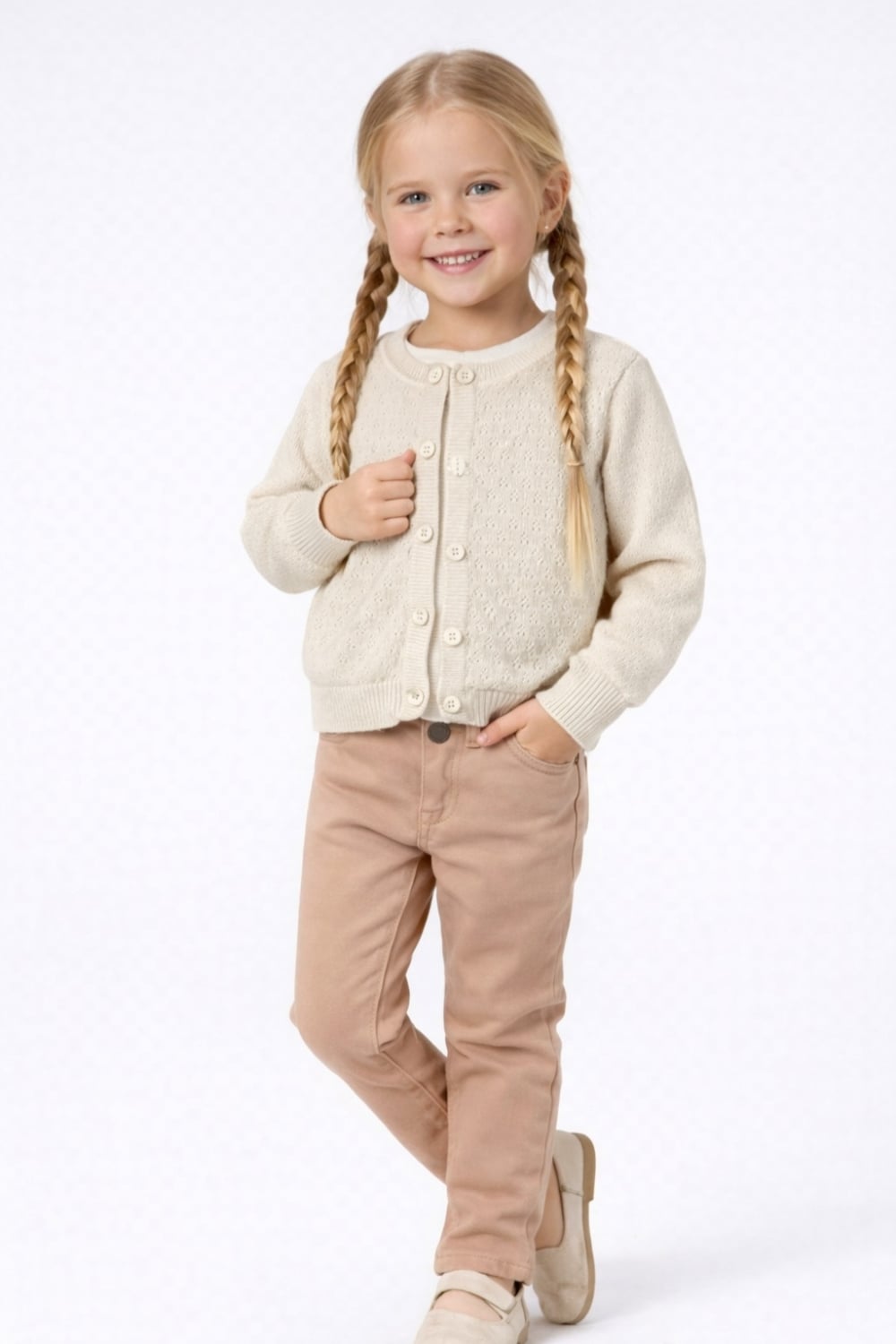 Girls' 3-Piece Knit Cardigan and Trousers Set - Ecru - Has Bereket - by Peralane