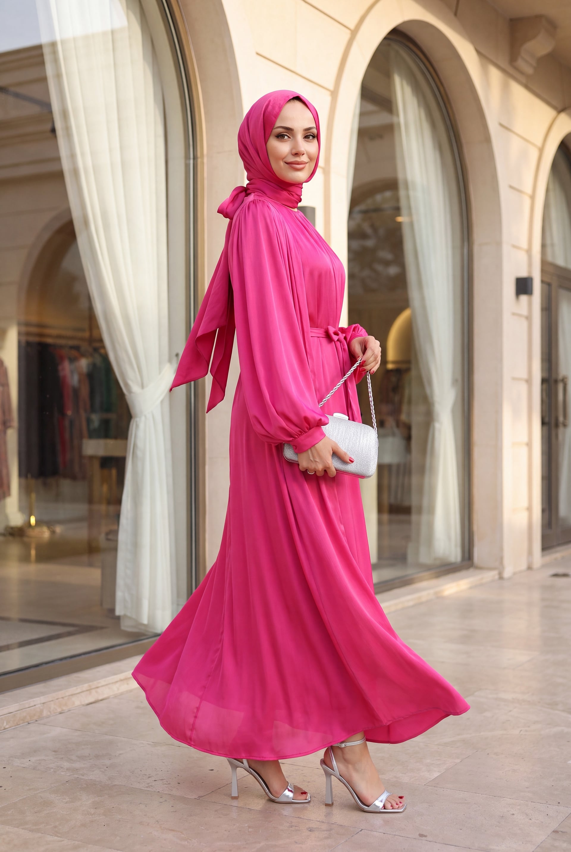 Krinkl Silk Satin 3-Piece Abaya Set - Fuchsia - Podyumplus - by Peralane - photo 4