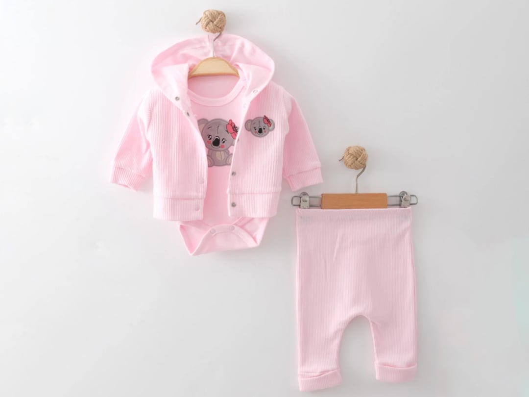 Pink Koala Embroidered Baby Girls 3-Piece Bodysuit, Jacket and Pants Set - Nayinom - by Peralane