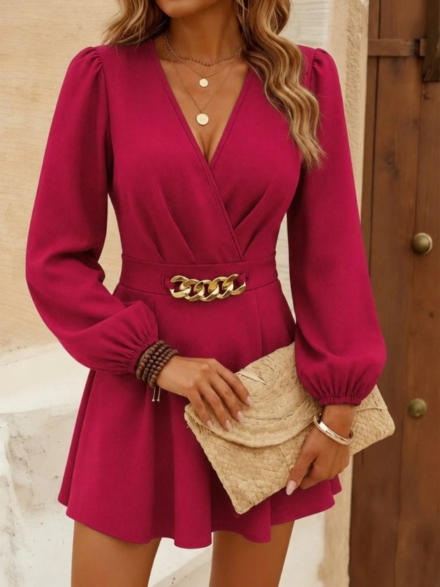 Women's Long Sleeve Wrap Collar Chain Detail Short Sequin Crepe Dress - Janes - by Peralane