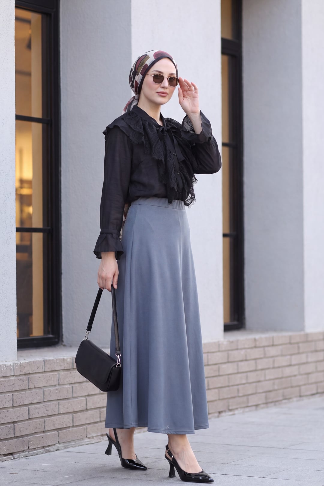 Elastic Waist Flared Crepe Skirt - Smoke - Podyumplus - by Peralane - photo 5