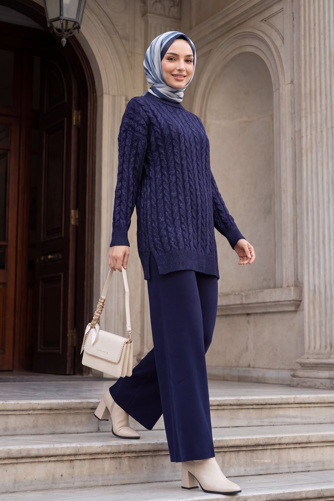 Half High Neck Slit Sequined Basket Knit Two-Piece Set - Navy Blue - Podyumplus - by Peralane - photo 2