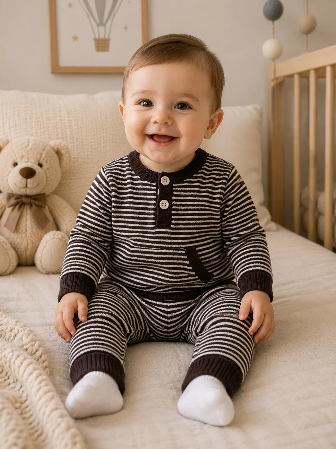 Striped Knitted Baby Set - Brown - Has Bereket - by Peralane