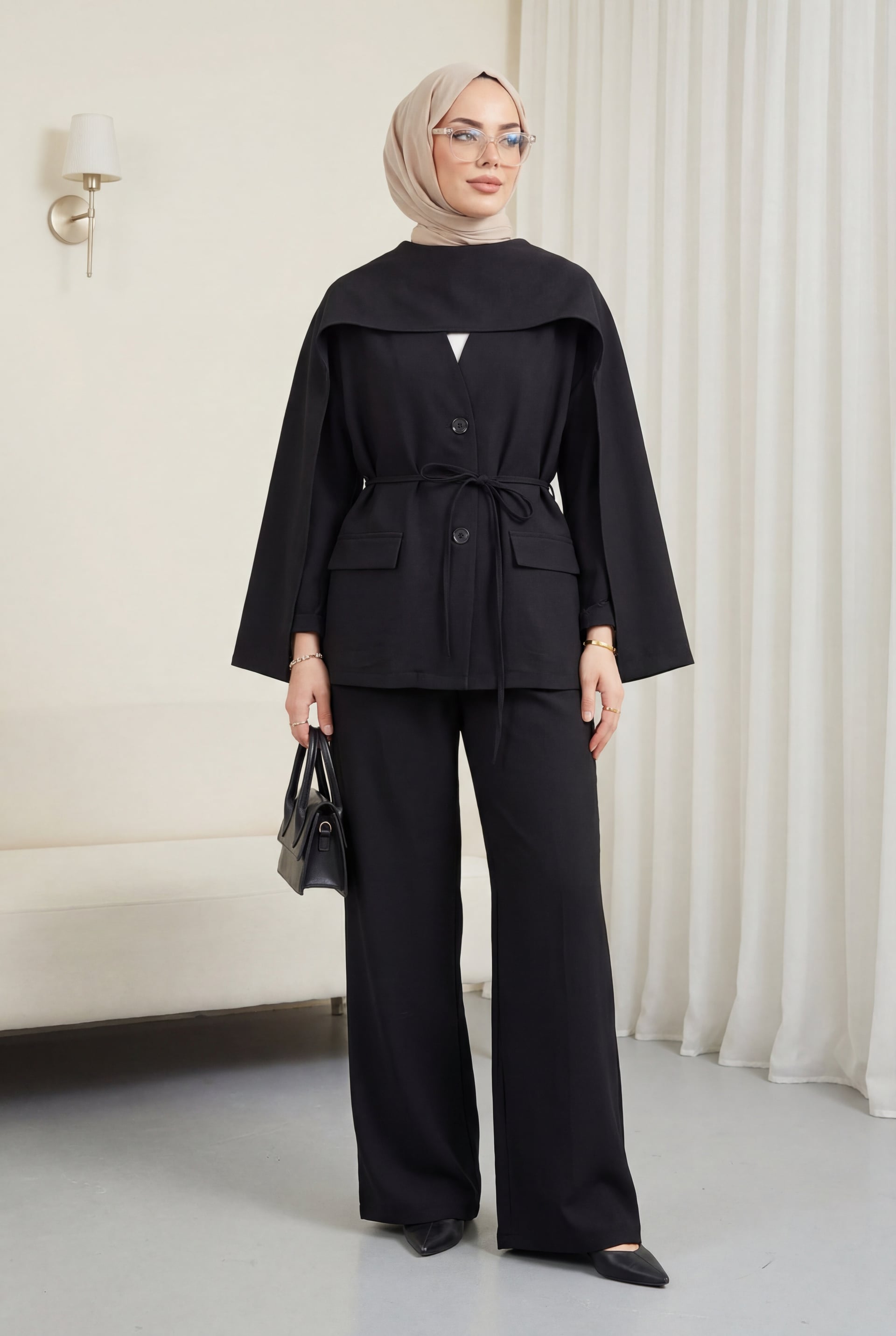 Pocket Detail V-Neck Lace-up Scarf Parachute Suit - Black - Podyumplus - by Peralane - photo 4