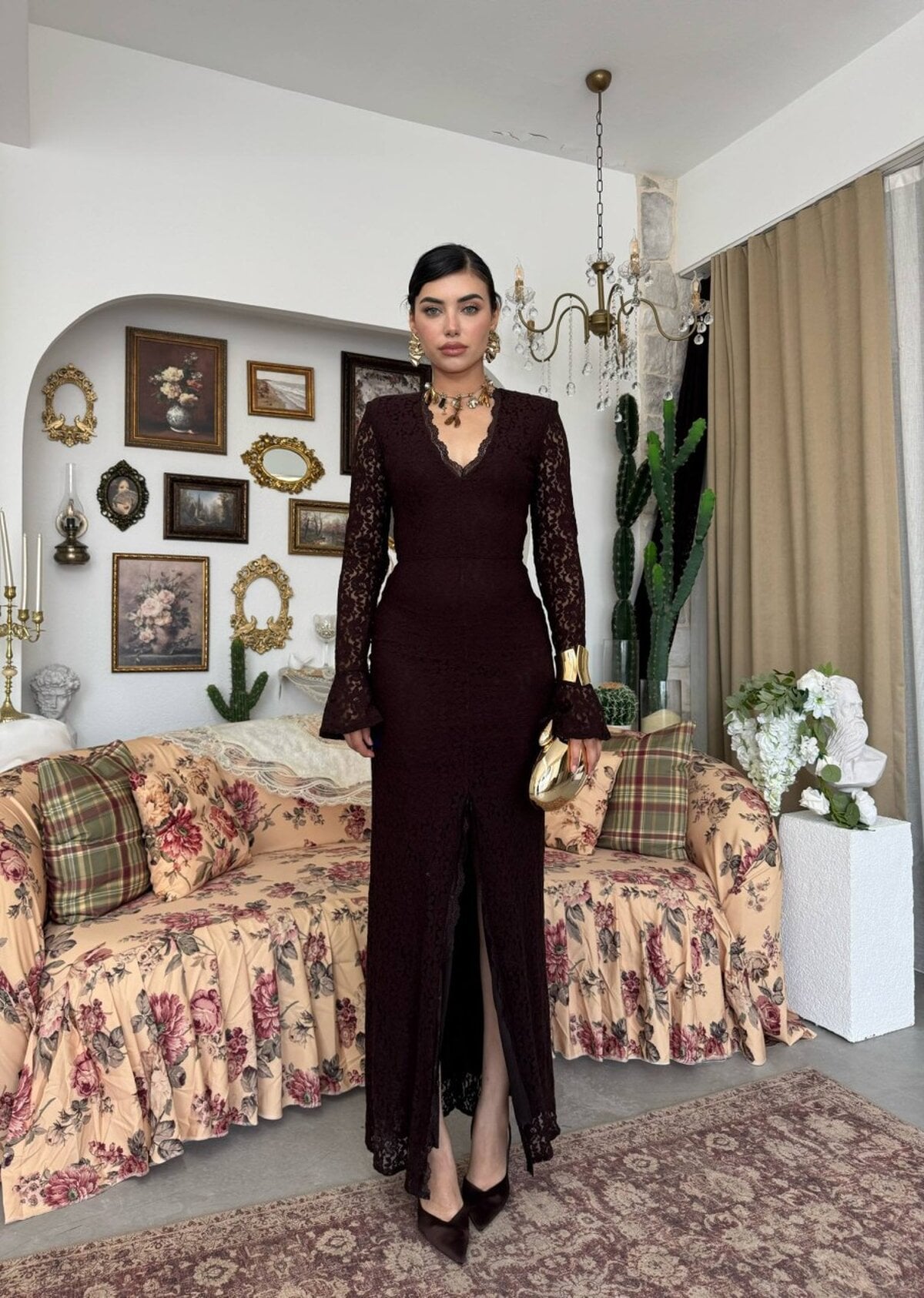 Lace V-Neck Long Dress with Flared Sleeves - Dark Brown - Etika - by Peralane - photo 9