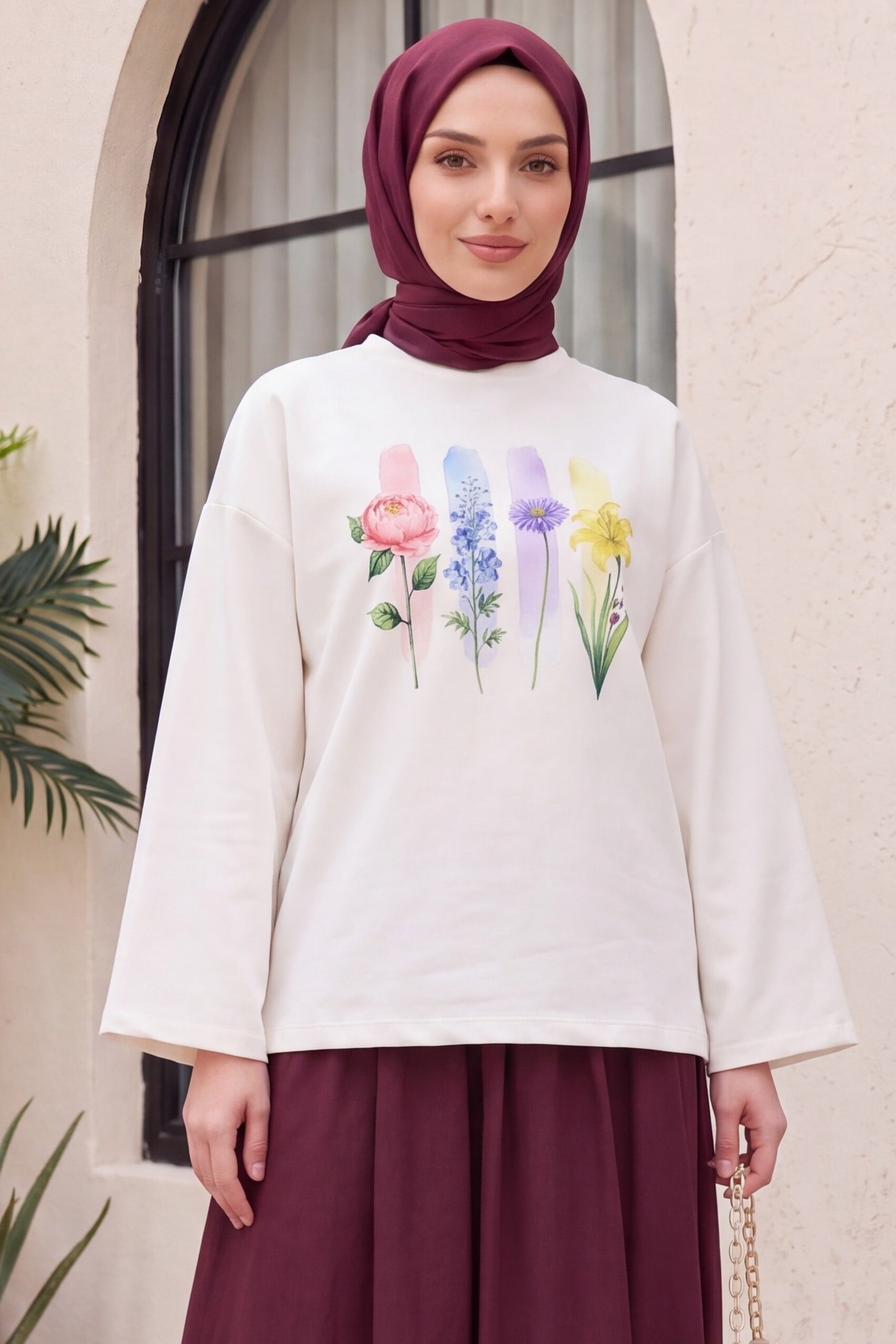 Floral Print Crew Neck Oversize 2-Thread Jersey Sweatshirt - Ecru - Podyumplus - by Peralane - photo 2