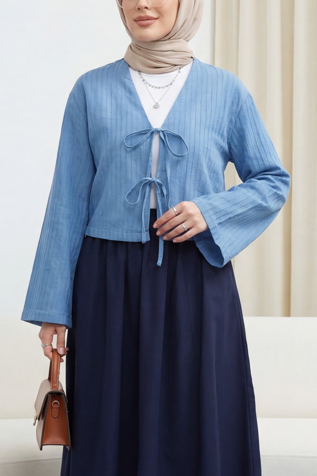 Light Blue Ribbed Cardigan with Front Ties - Podyumplus - by Peralane