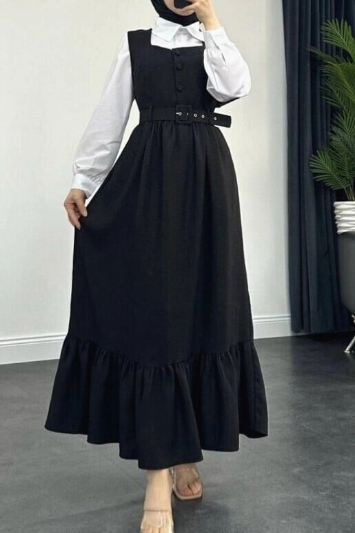 Black Pinafore Dress with Buttoned Top, Ruffled Hem and Belted Waist - Podyumplus - by Peralane - photo 4