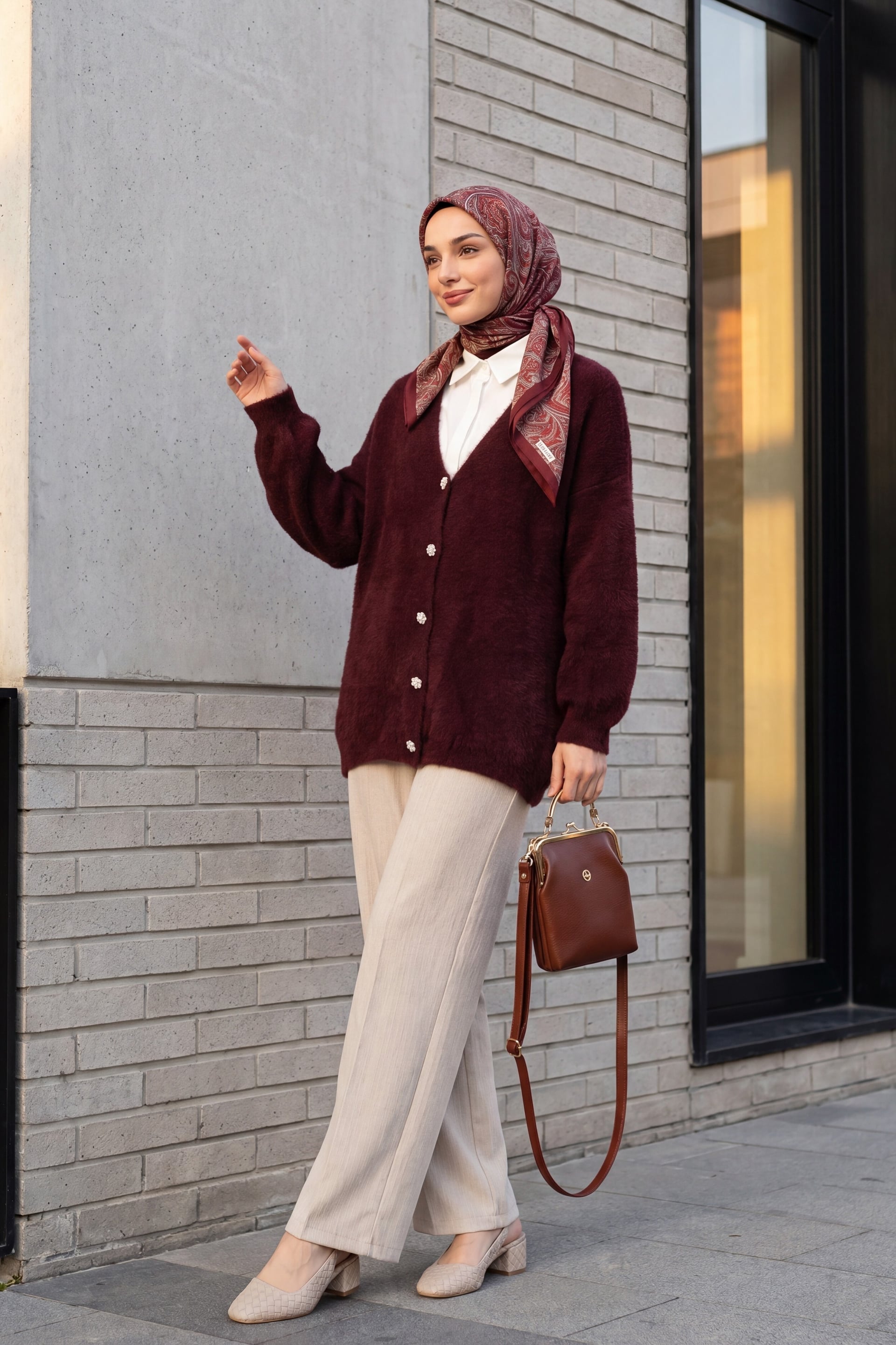 Burgundy Button-Front Fuzzy Knit Cardigan - Podyumplus - by Peralane