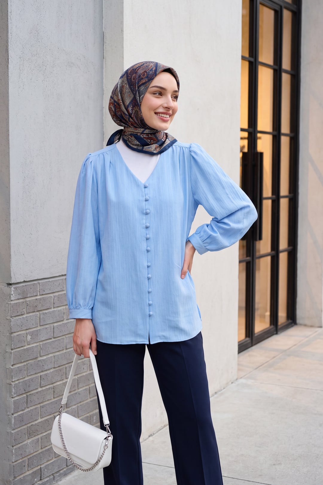 Top Button V-Neck Jacquard Crinkle Tunic - Baby Blue - Podyumplus - by Peralane - photo 3