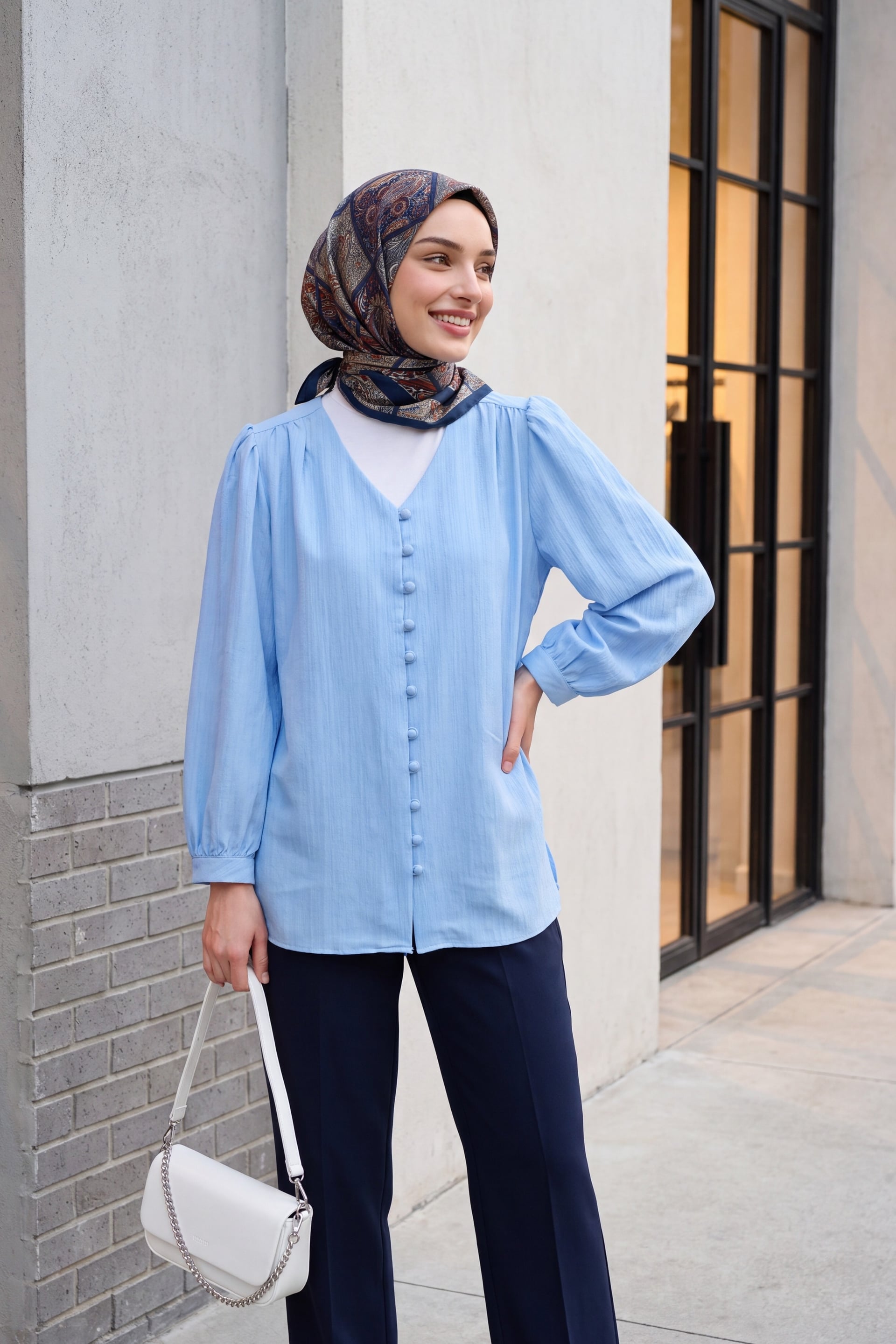 Top Button V-Neck Jacquard Crinkle Tunic - Baby Blue - Podyumplus - by Peralane - photo 3