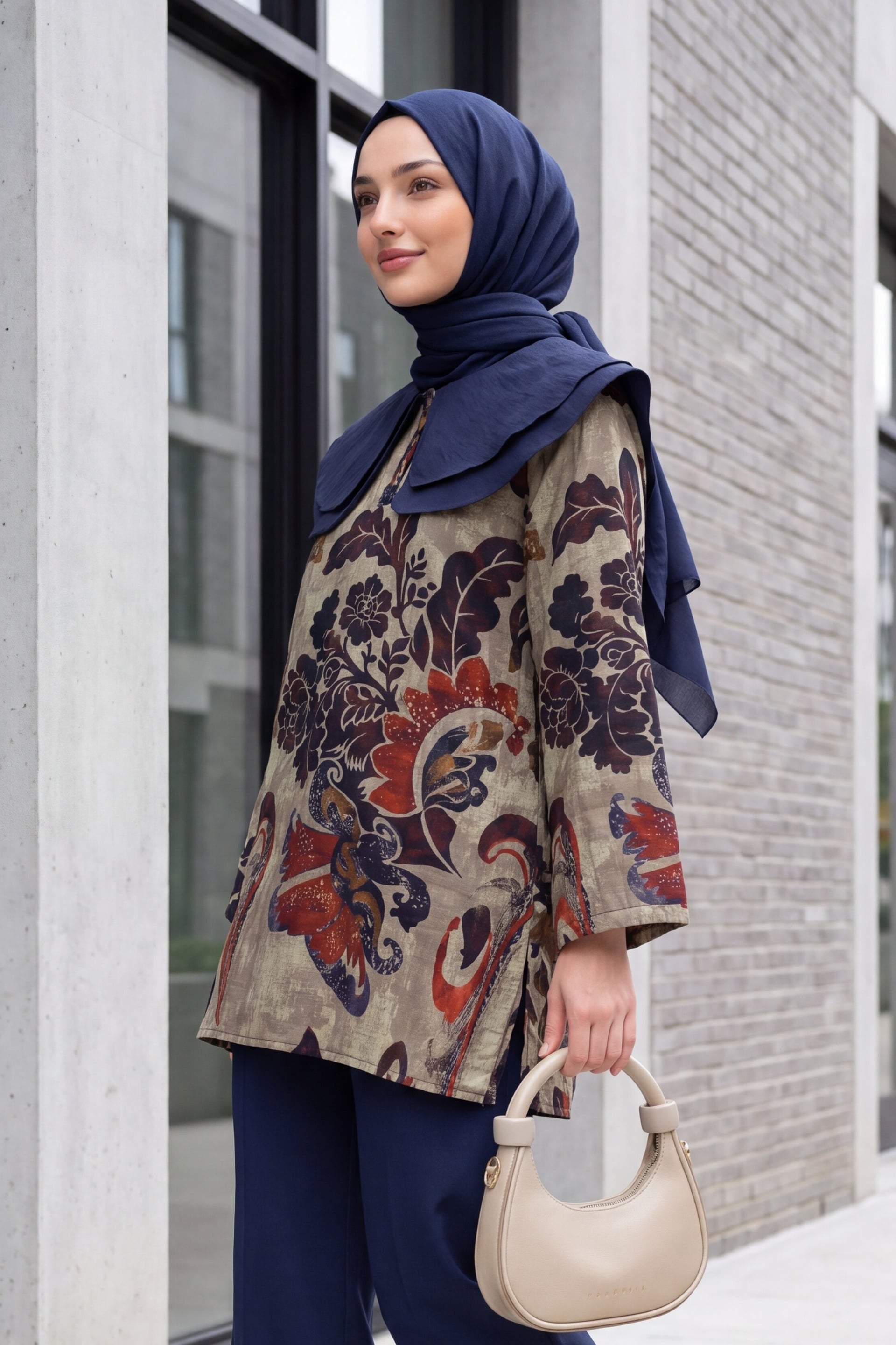 Beige Quilted Tunic with Apron Collar and Half Button Front - Podyumplus - by Peralane - photo 2