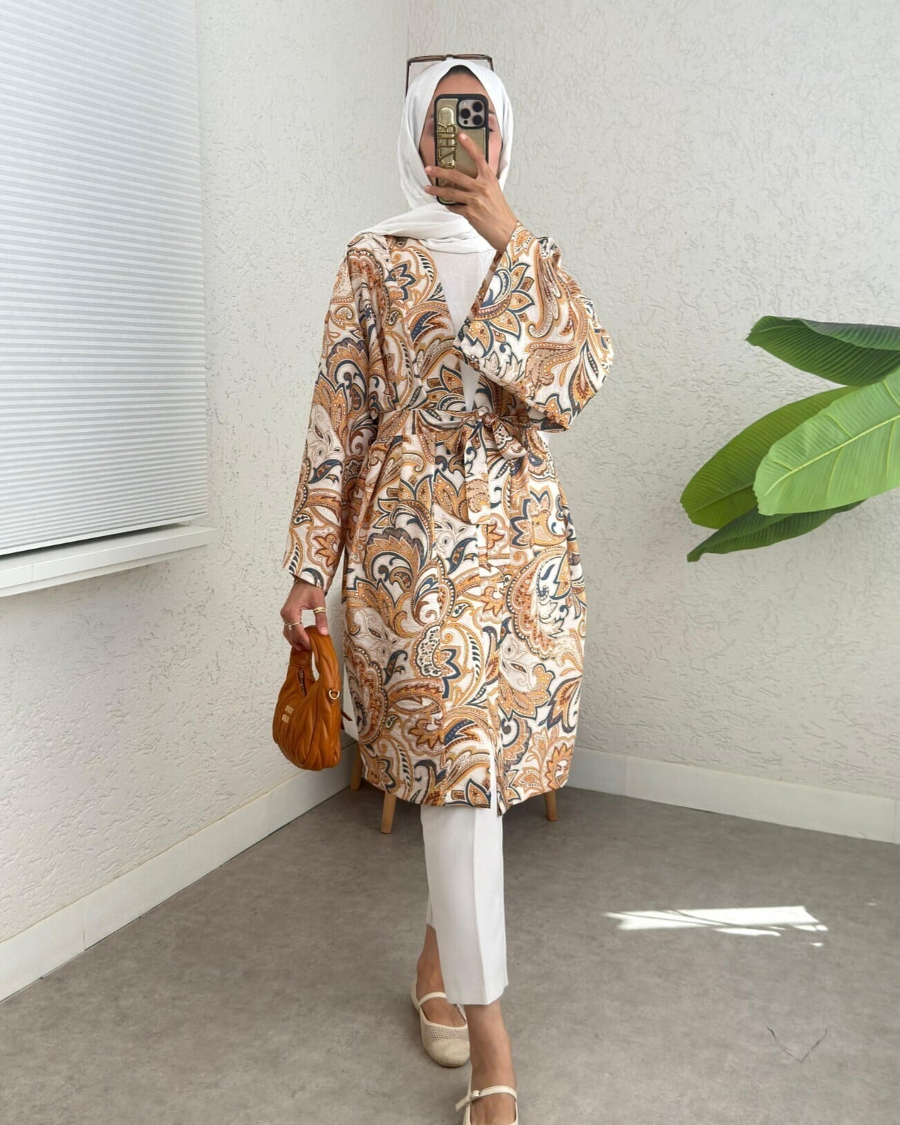 Tie-Waist Ethnic Print Modal Kimono - Beige - Podyumplus - by Peralane - photo 4