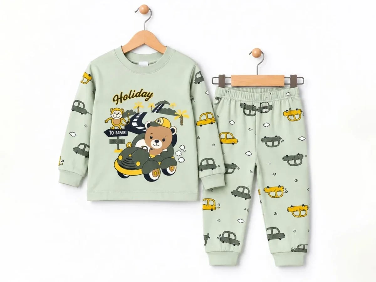 Car Print Boys' Pyjama Set - Light Green - Supermini - by Peralane