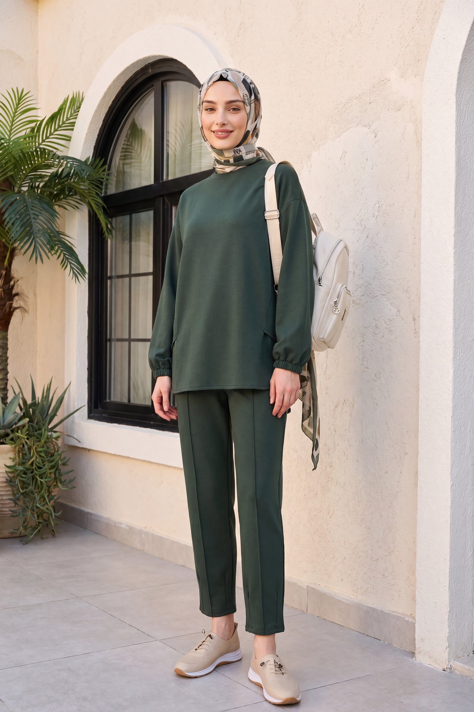 Long Back Bicycle Neck Long-Sleeve Top and Trousers Tracksuit Set - Khaki - Podyumplus - by Peralane