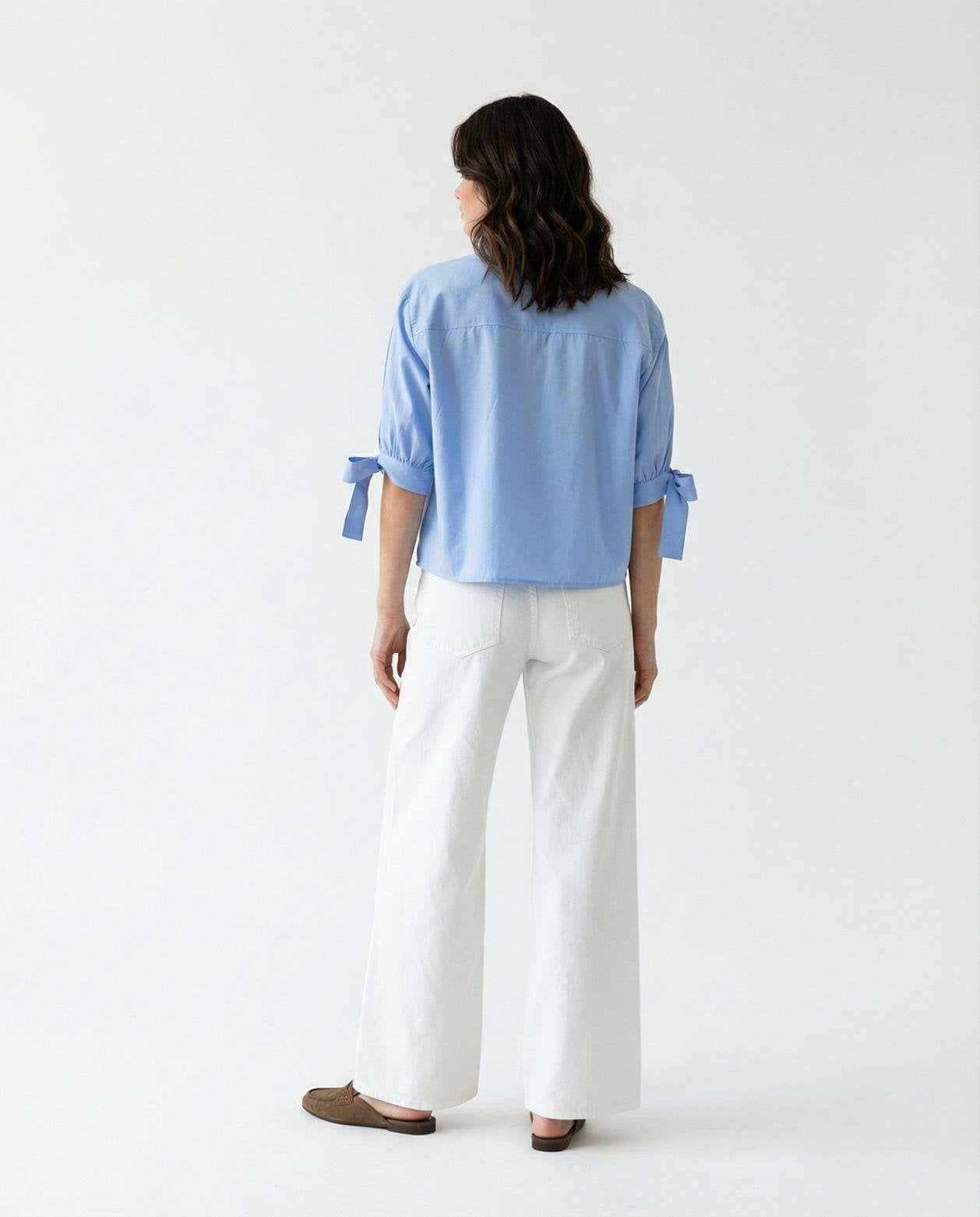 Women's Light Blue Cotton-Blend Shirt with Tie Sleeves - Fame - by Peralane - photo 4