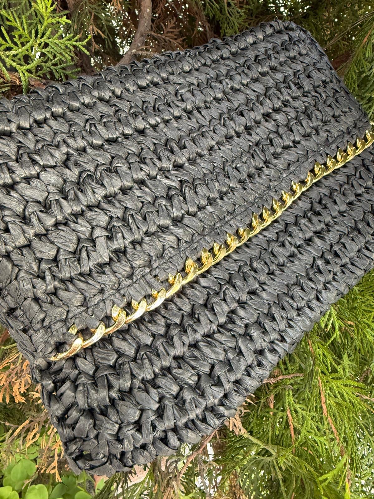 Black Handwoven Raffia Clutch Bag with Gold Chain Detail - Nesvay - by Peralane - photo 4