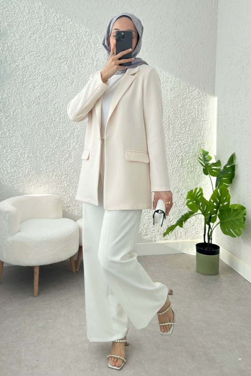 Cream Single-Button Stretch Blazer with Pockets - Podyumplus - by Peralane - photo 7
