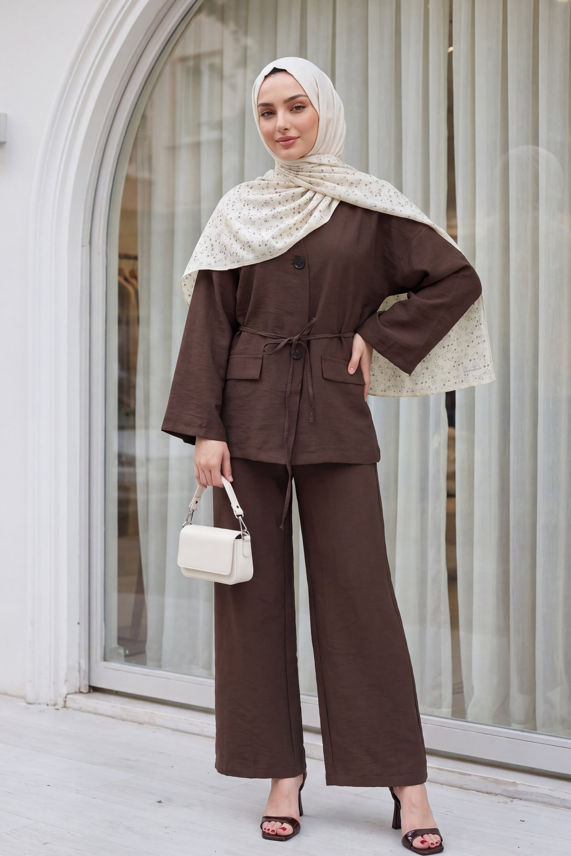 Brown V-Neck Tie-Front Parachute Jacket and Wide-Leg Trousers Set - Podyumplus - by Peralane - photo 4