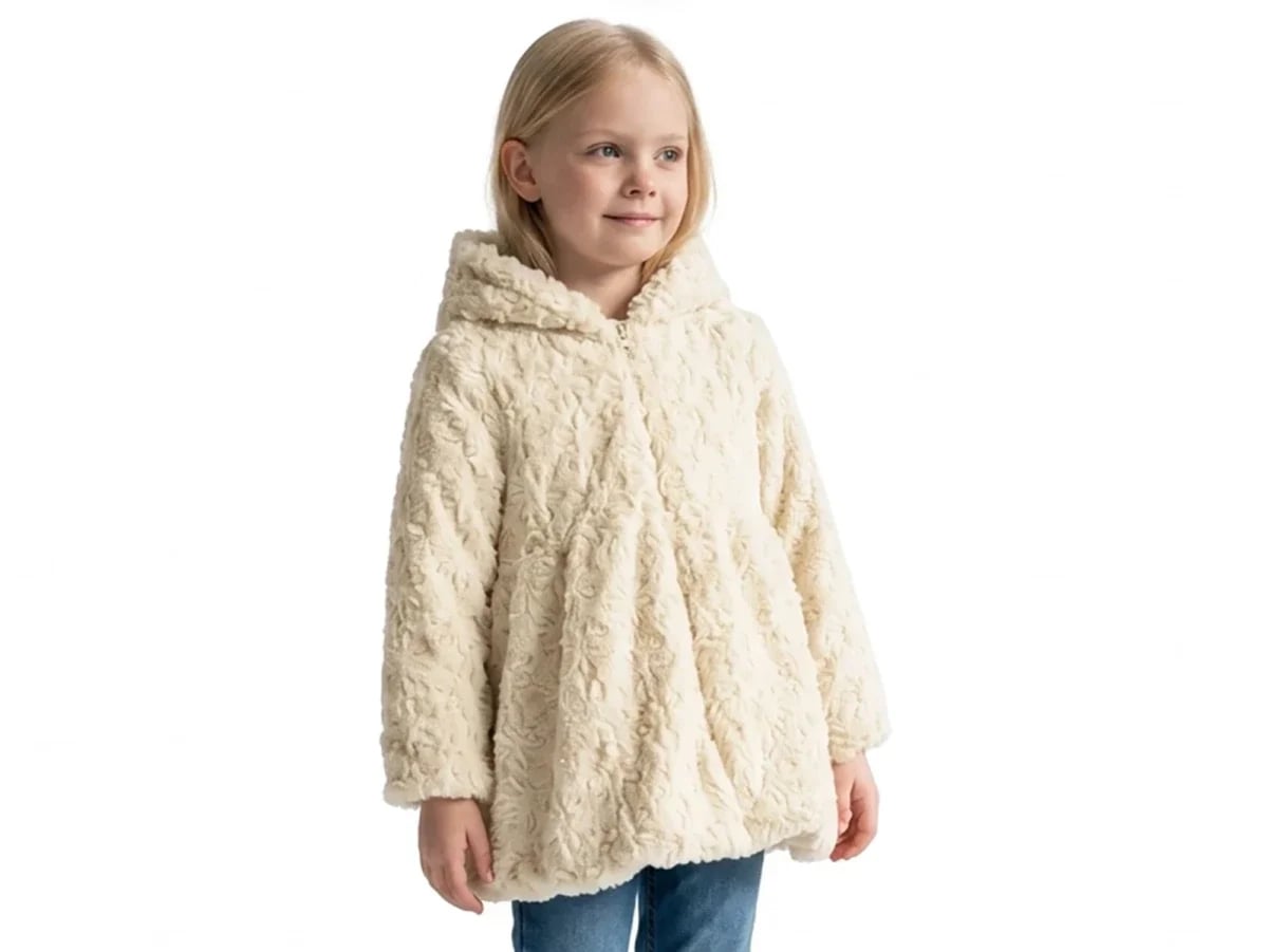 Cream Hooded Plush Girls' Coat - Carino - by Peralane