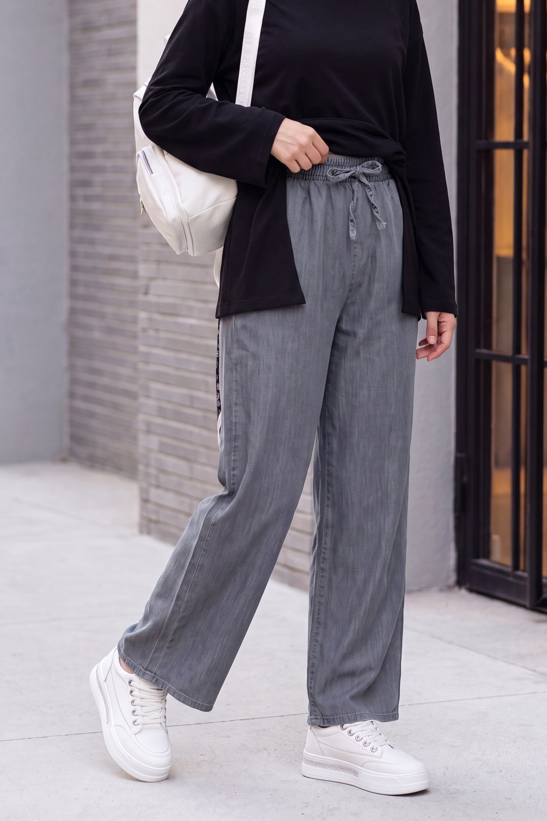 Elastic Waist Wide Leg Denim Trousers - Dark Grey - Podyumplus - by Peralane