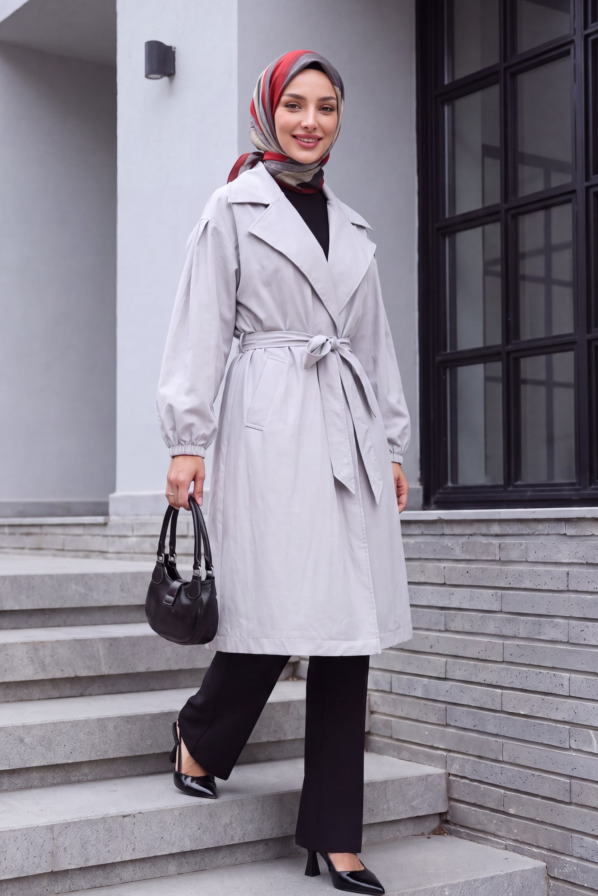 Light Grey Belted Lined Trench Coat with Elastic Cuffs - Podyumplus - by Peralane - photo 2