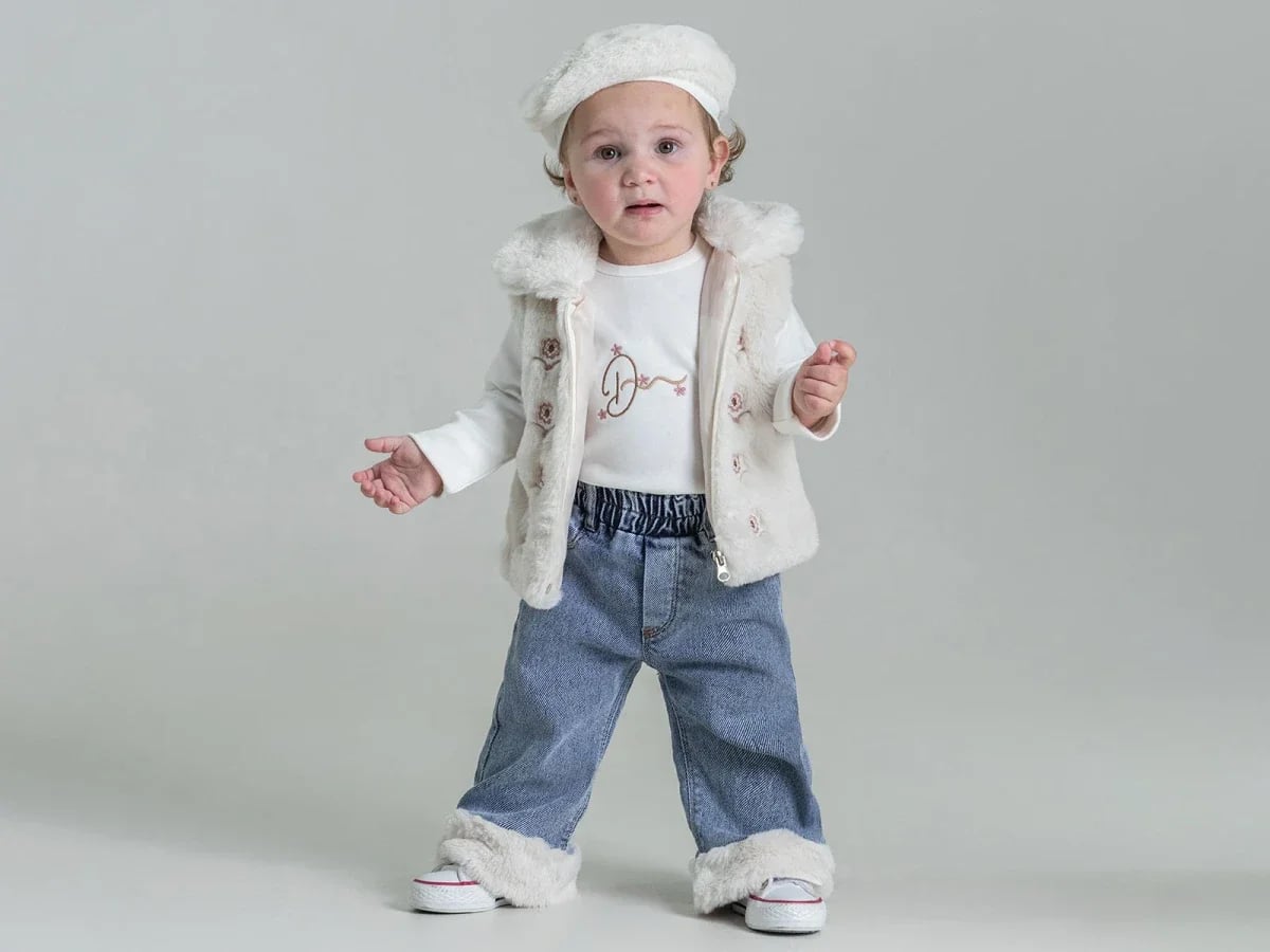 Girls' 4-Piece Baby Outfit Set with Floral Embroidery and Faux Fur Vest - Pampal Kids - by Peralane