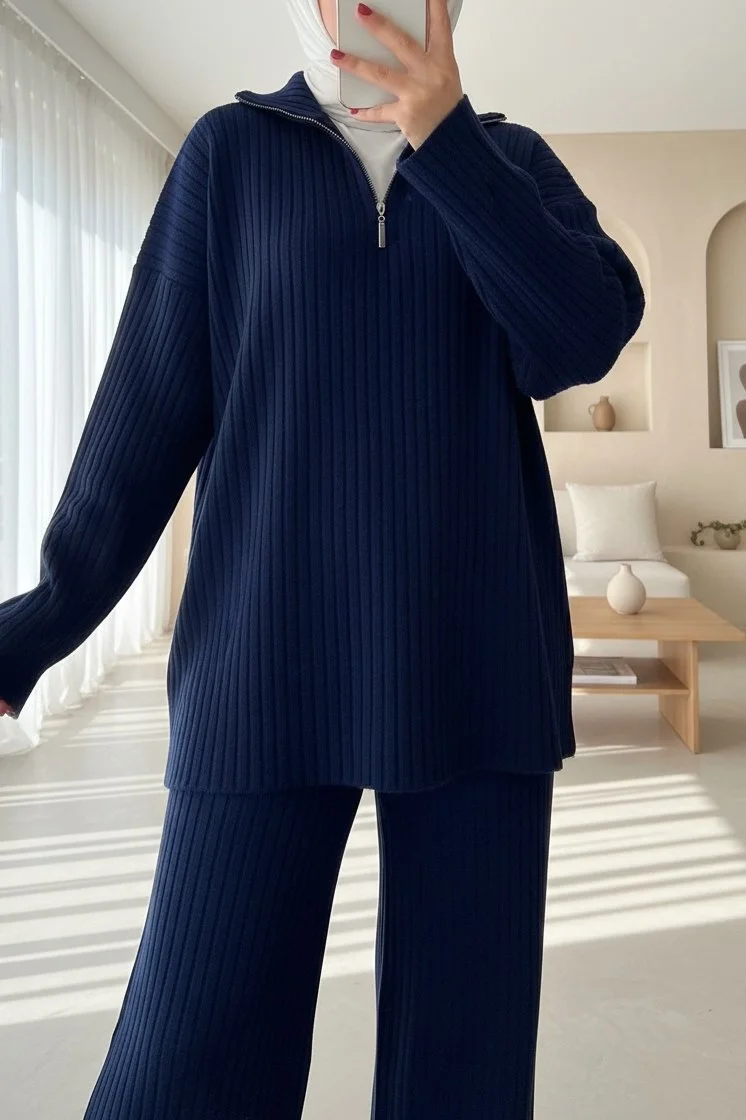 Half Mock Neck Ribbed Knit Lounge Set - Navy - Podyumplus - by Peralane
