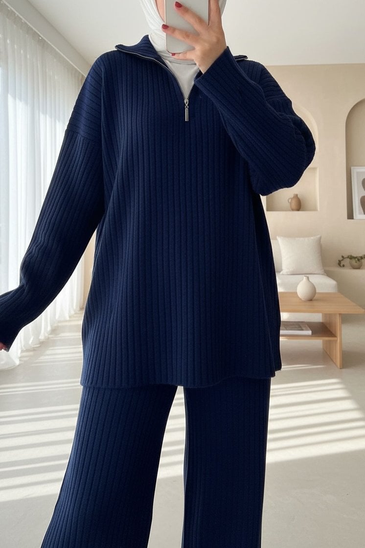 Half Mock Neck Ribbed Knit Lounge Set - Navy - Podyumplus - by Peralane