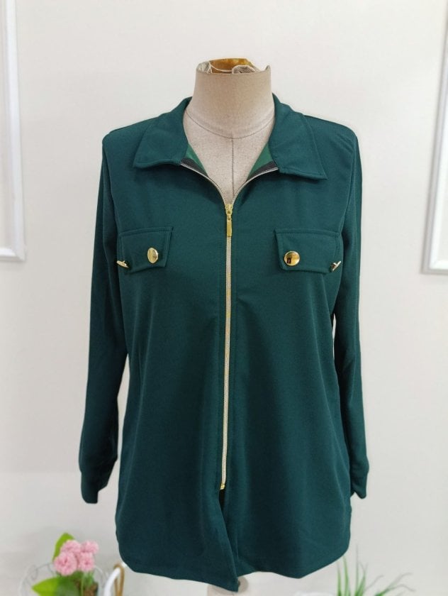 Women's Long Sleeve Collared Crepe Blouse with Chest Pockets and Zipper - Janes - by Peralane - photo 4