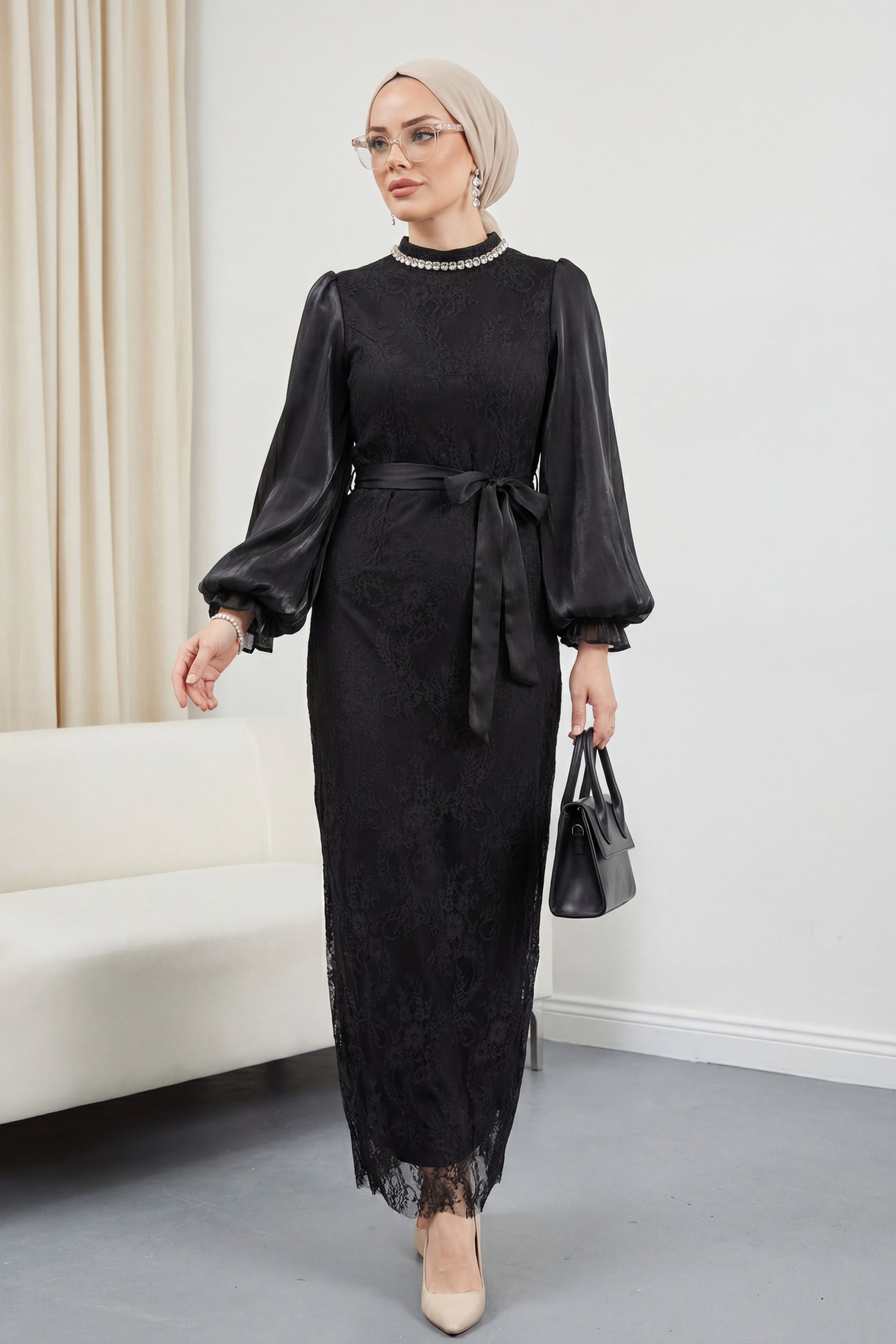 High Neck Lace Dress with Sheer Shimmer Sleeves and Belt - Black - Podyumplus - by Peralane - photo 2