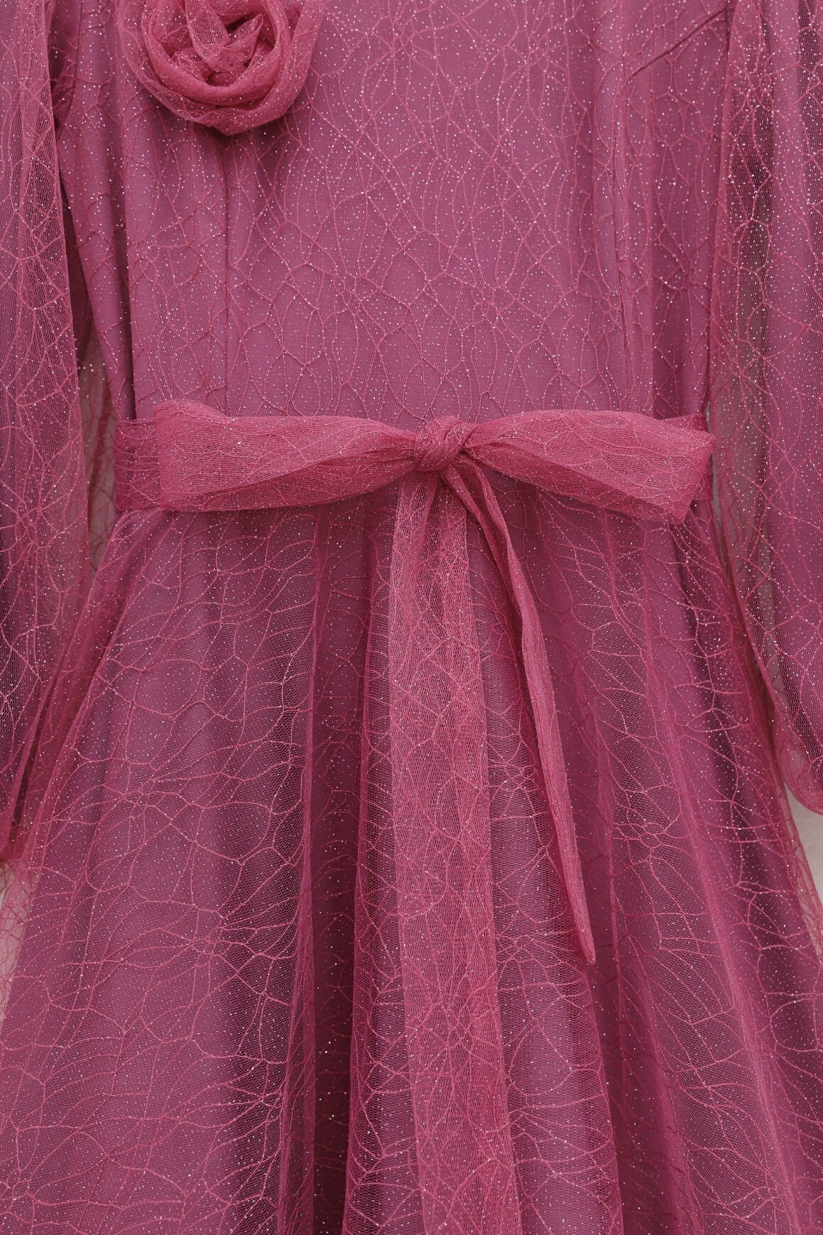 Sequin Tulle Evening Dress with Elastic Cuffs and Belt - Dusty Rose - Podyumplus - by Peralane - photo 4