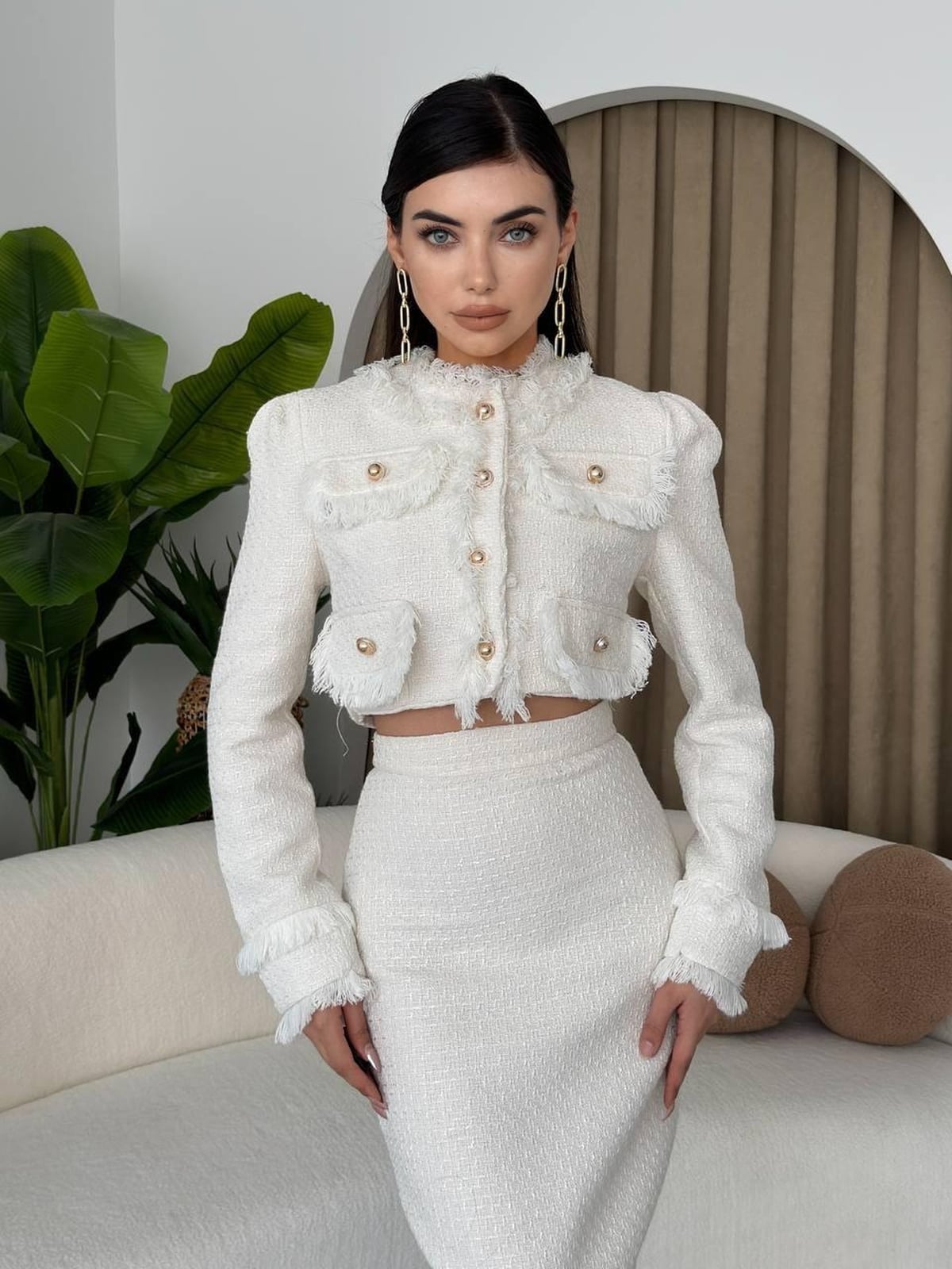 Women's Ecru Tweed Two-Piece Set: Cropped Jacket and Pencil Skirt - Etika - by Peralane