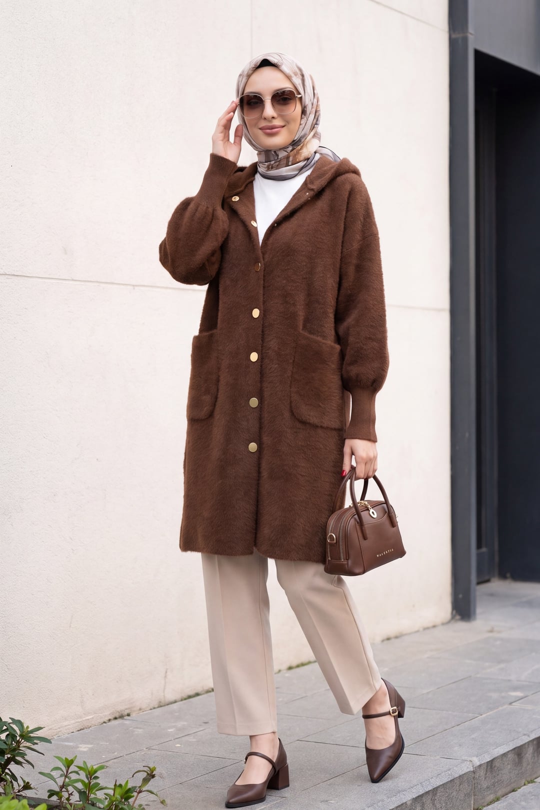 Hooded Double-Pocket Button-Front Fringed Cardigan - Brown - Podyumplus - by Peralane - photo 3