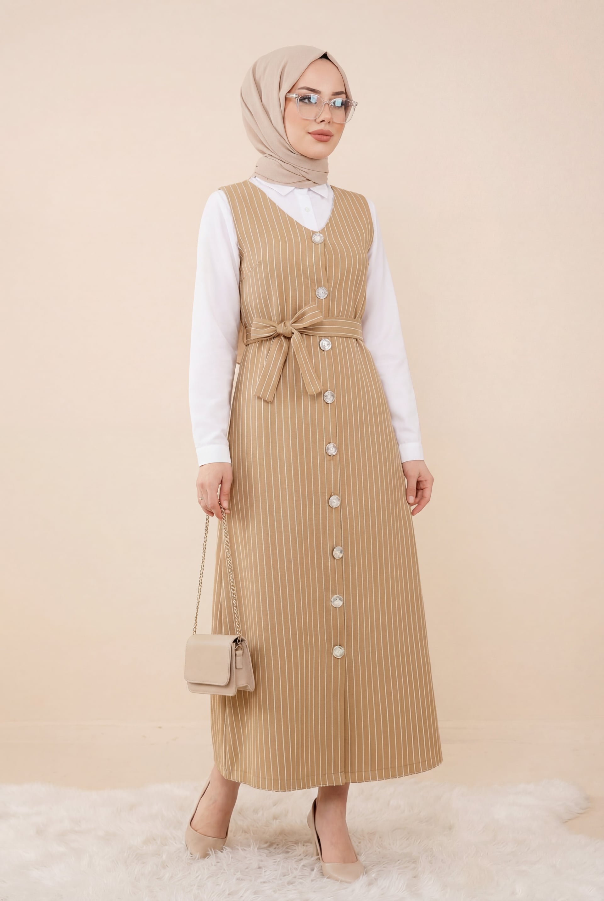 Long-Sleeved White Shirt and Sleeveless Brown Pinstripe Pinafore Dress Modest Set - Vizon - Podyumplus - by Peralane - photo 2