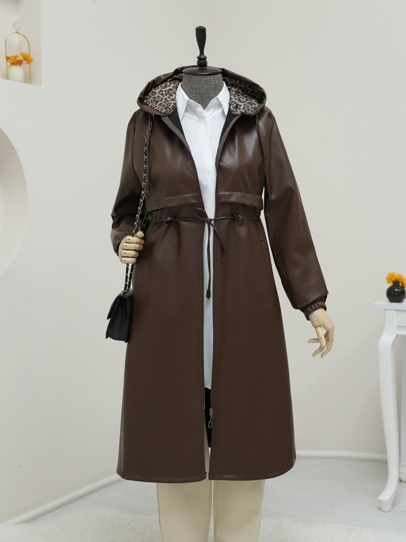 Tunnel Drawstring Hooded Zip Faux Leather Trench Coat - Brown - Podyumplus - by Peralane - photo 2