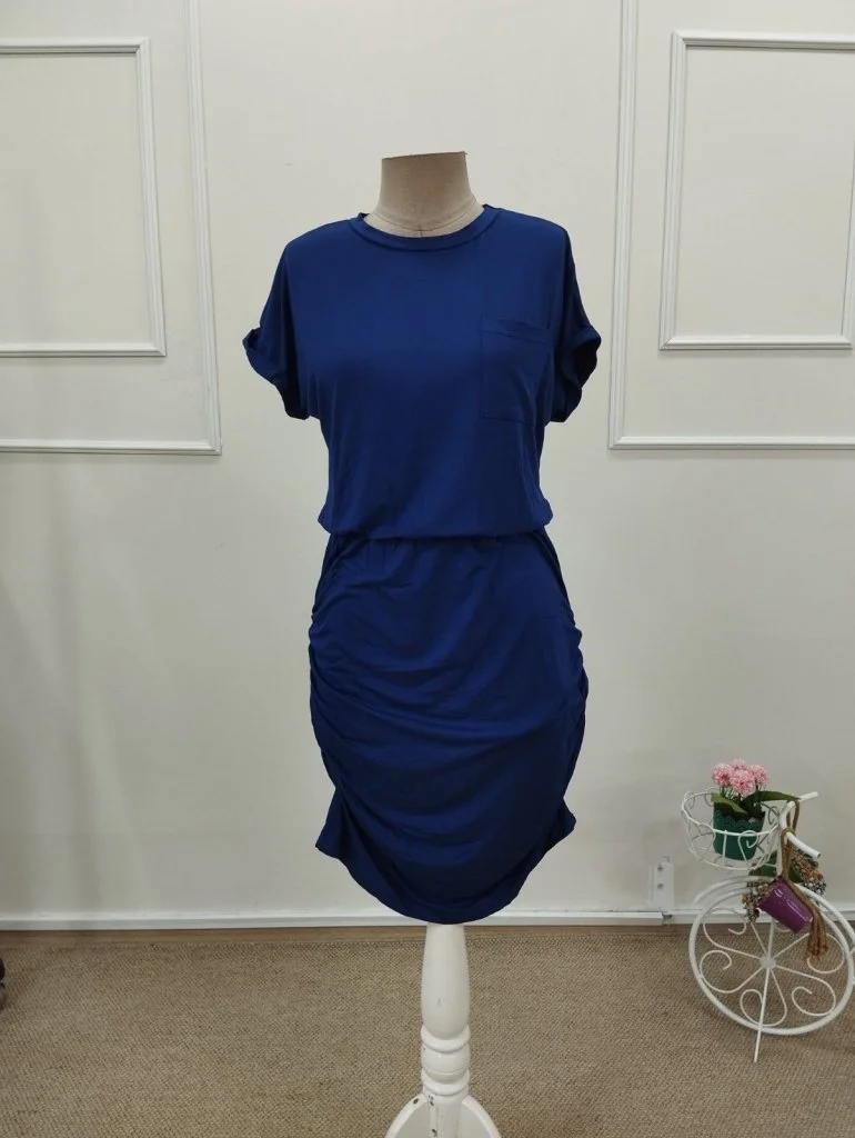 Women's Navy Blue Short Sleeve Crew Neck Pocket Detail Jersey Dress - Janes - by Peralane - photo 5
