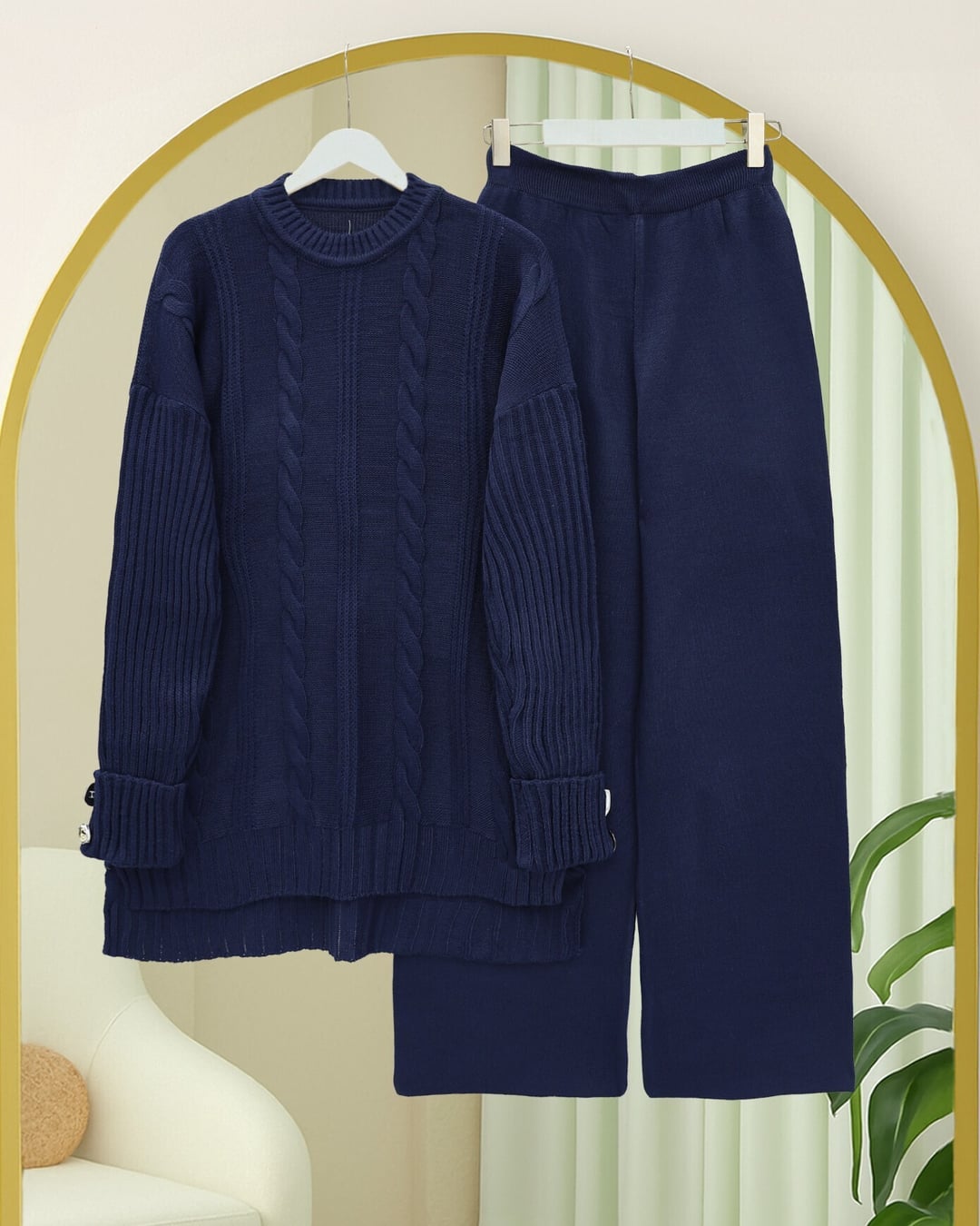 Hair Braid Pattern Button Detail Knit Set - Navy - Podyumplus - by Peralane - photo 3