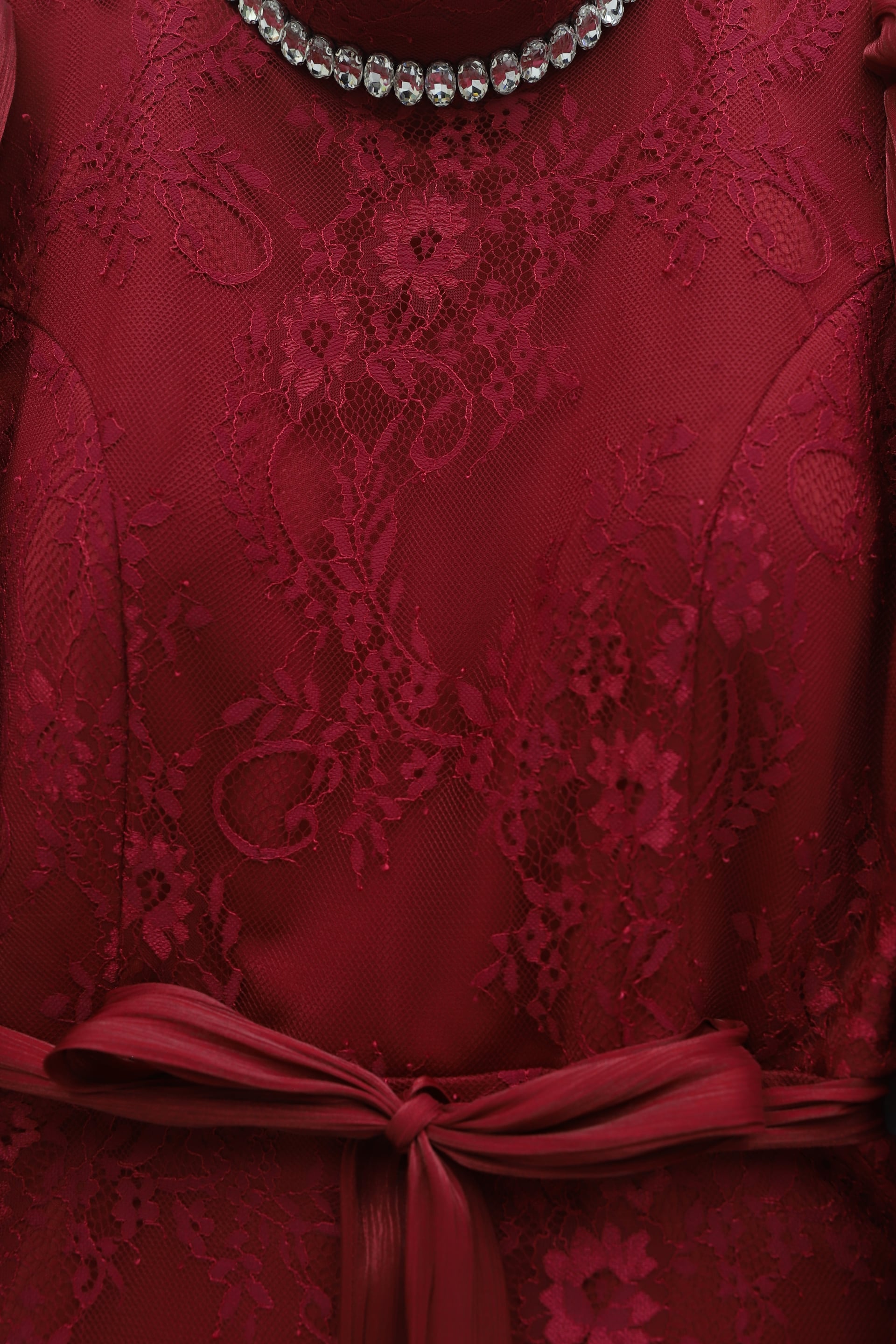 High Neck Lace Dress with Sheer Balloon Sleeves and Belt - Burgundy - Podyumplus - by Peralane - photo 4