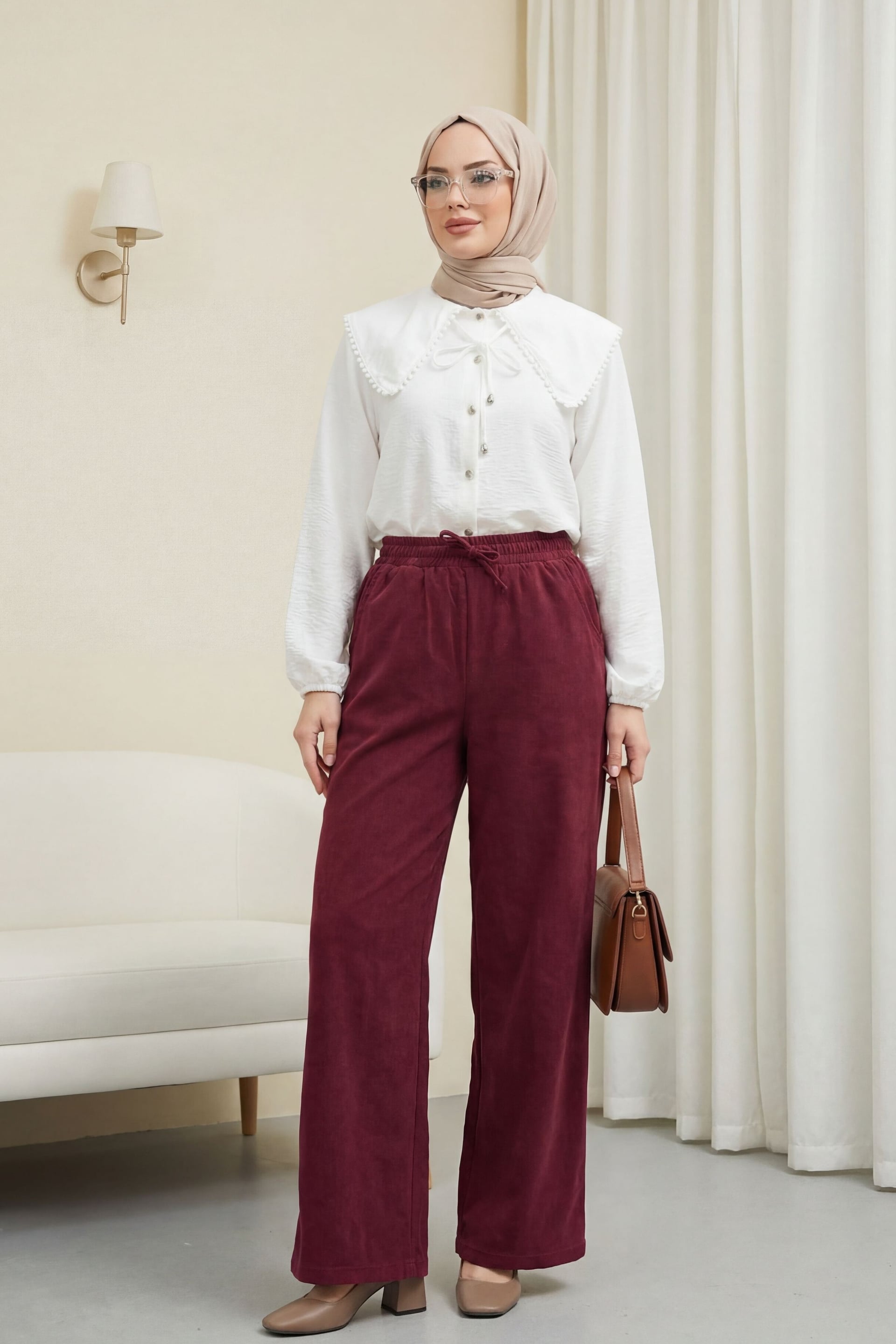Elastic Waist Drawstring Detail Pocket Wide Leg Tencel Trousers - Burgundy - Podyumplus - by Peralane - photo 3