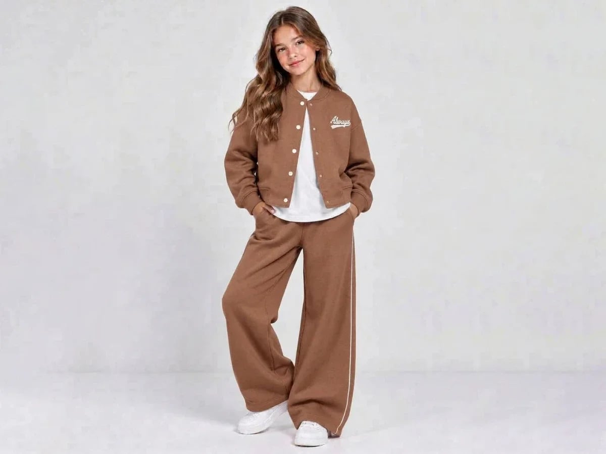 Always Printed Bomber Jacket and Wide-Leg Trousers Girls' Tracksuit Set - ÖZ Bebe - by Peralane