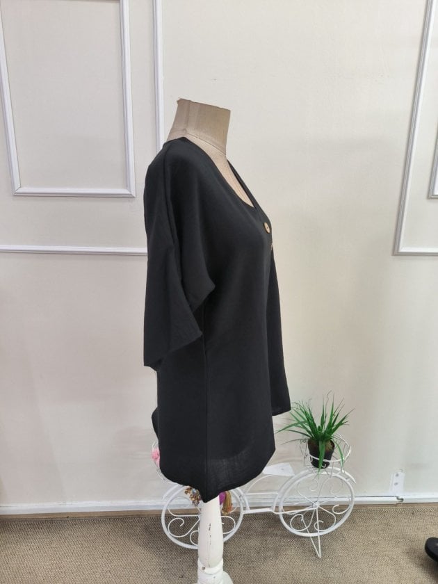 Women's Black Short Sleeve V-Neck Button Blouse - Janes - by Peralane - photo 8