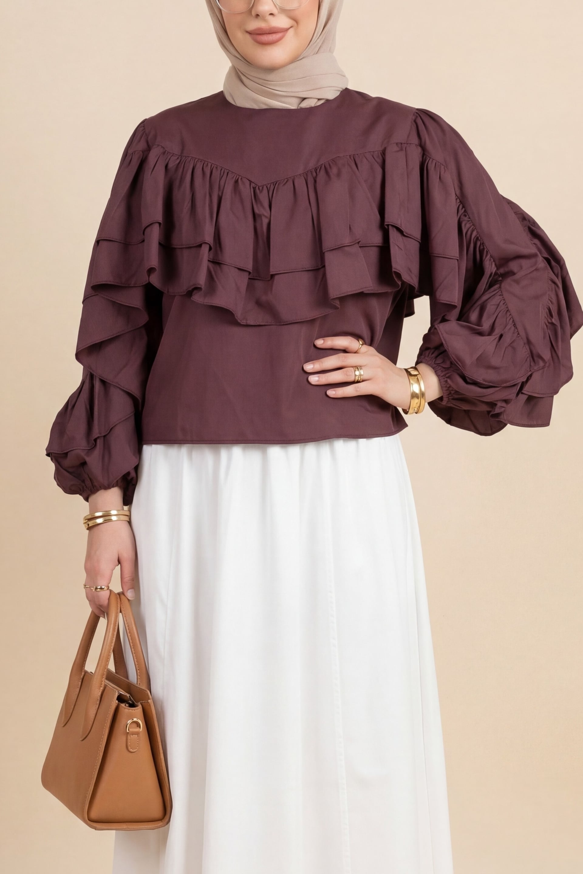 Plum Long-Sleeved Ruffle Blouse with Elasticated Cuffs - Podyumplus - by Peralane - photo 2