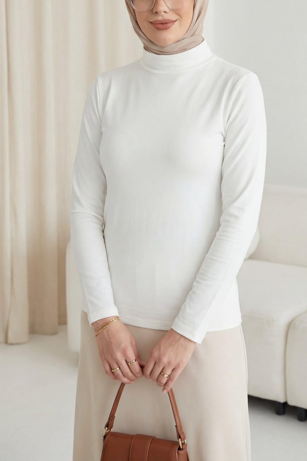 Turtleneck Long Sleeve Bodysuit - Ecru - Podyumplus - by Peralane