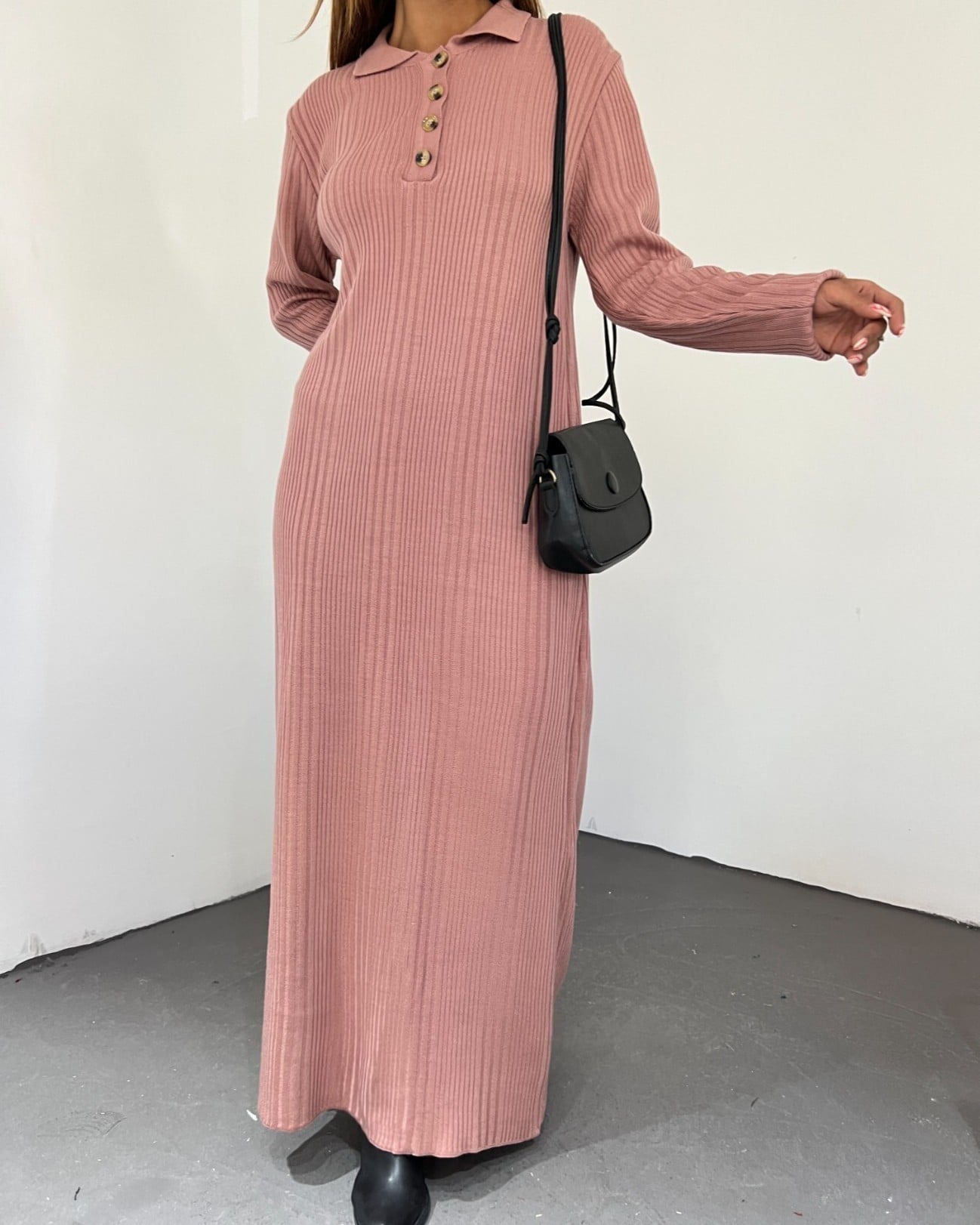 Polo Collar Buttoned Knit Dress - Dusty Rose - Podyumplus - by Peralane - photo 5