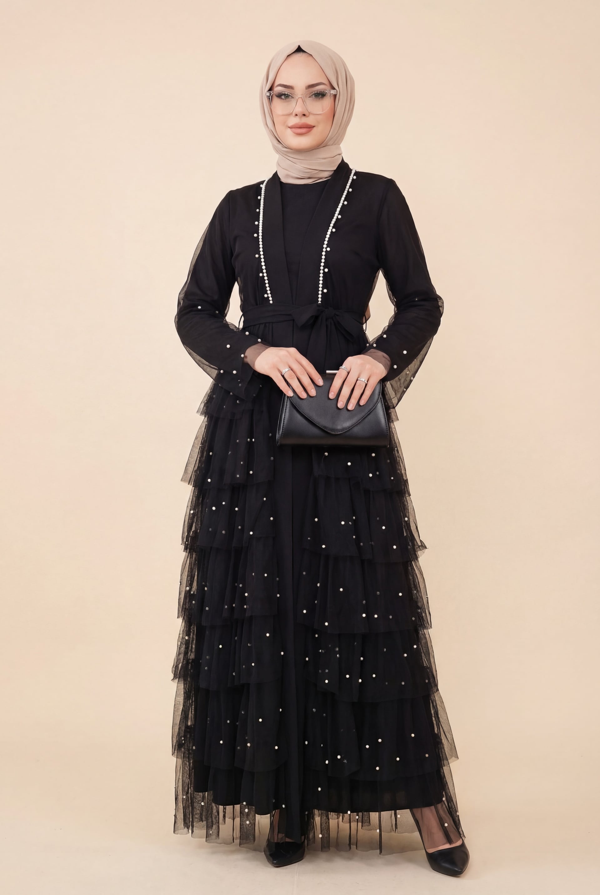 Layered Pearl-Embellished Tulle Abaya Set - Black - Podyumplus - by Peralane - photo 2