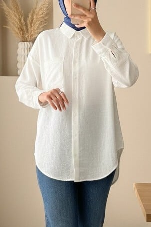 Single Pocket Buttoned Linen-Look Blouse - White - Podyumplus - by Peralane - photo 3