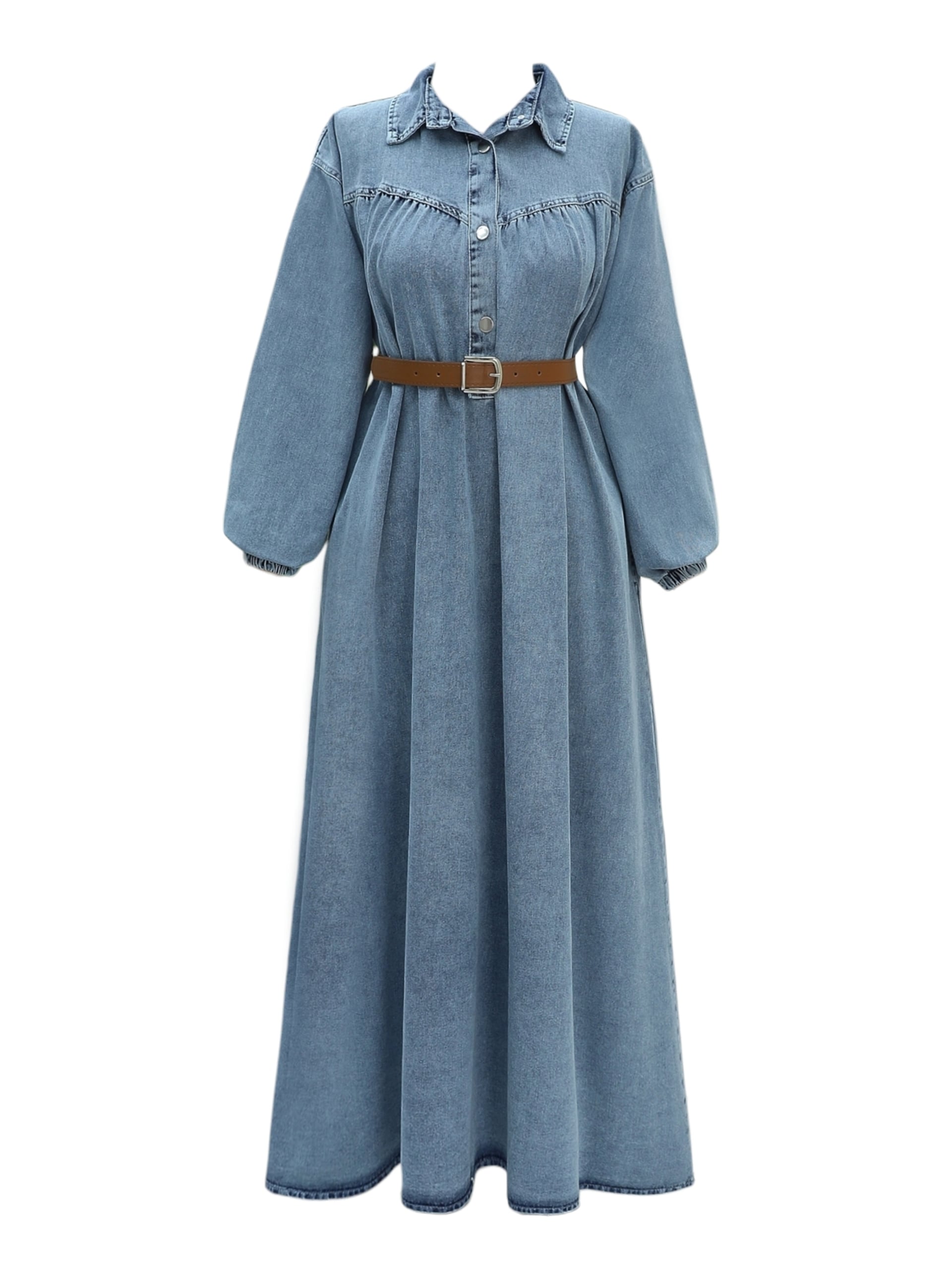 Half Button Denim Dress with Elasticated Sleeves and Belt - Light Blue - Podyumplus - by Peralane - photo 6